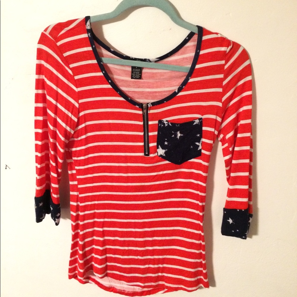 Striped light shirt.